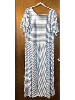 Emma & Michele Blue and White Striped Maxi Dress with Tie Sleeve Detail